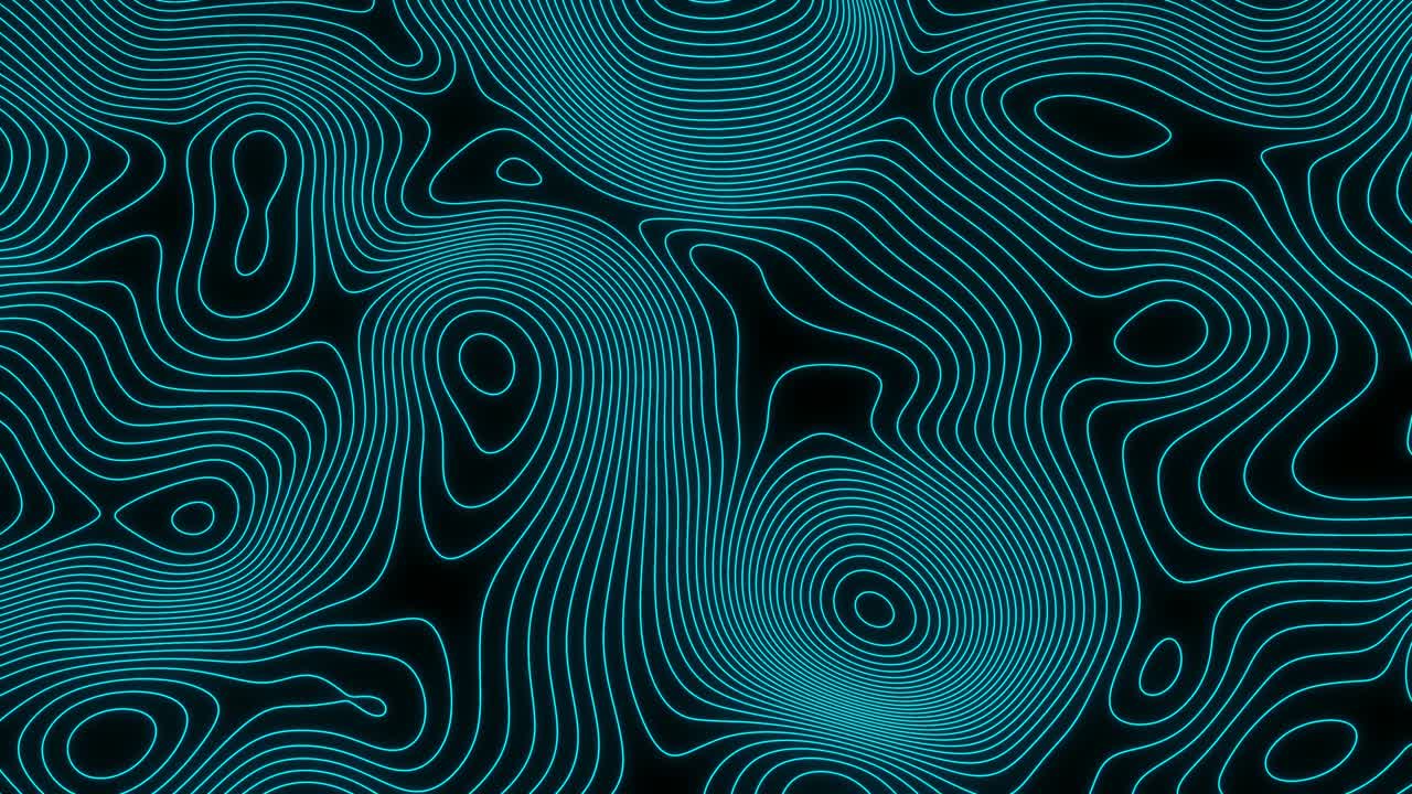 Topographic contour map background. Terrain with blue glowing lines. Moving relief texture. 3D render infinite loop.