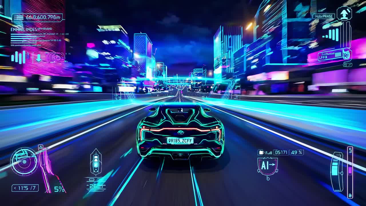 Futuristic video game scene with a rear-view angle of a neon-lit car racing through a vibrant
