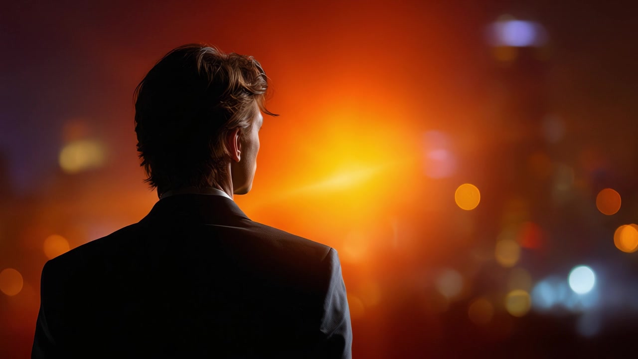 A contemplative figure gazes over a vibrant city skyline at dusk, capturing a moment of introspection and the allure of urban life with glowing lights.