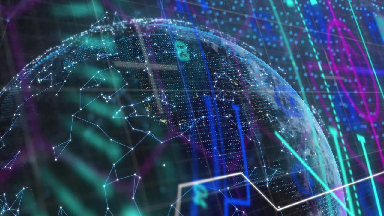 Animation of globe with network of connections over moving network of connections