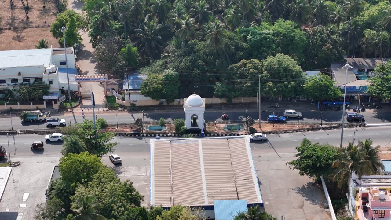 The aerial view captures the Pondicherry Arch, a monumental gateway that defines the city's entrance and acts as a prominent landmark for navigation