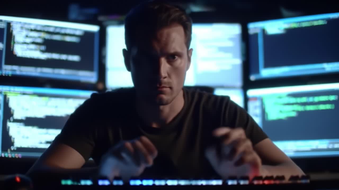 Focused Programmer Analyzing Code and Data Across Multiple Monitors in a Dimly Lit Environment, Highlighting the Intensity of Cybersecurity and Software Development Work