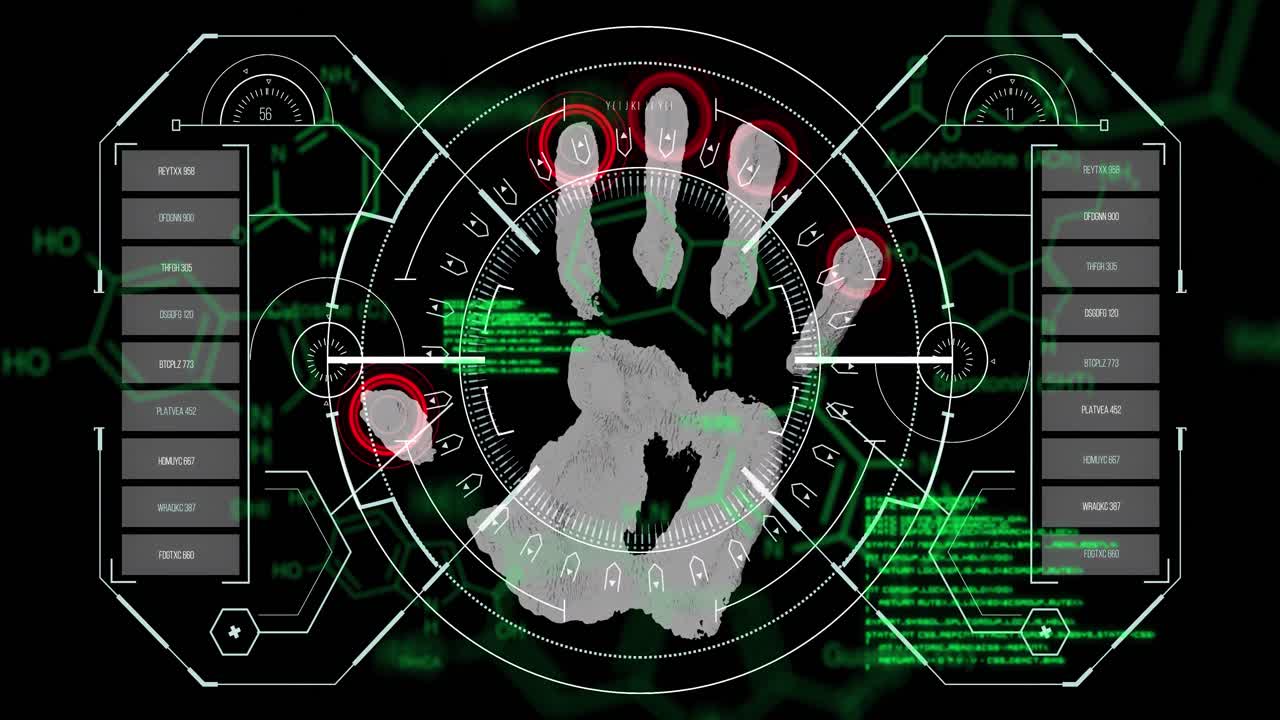 анимация химических формул и обработка данных по отпечаткам пальцев на черном фоне