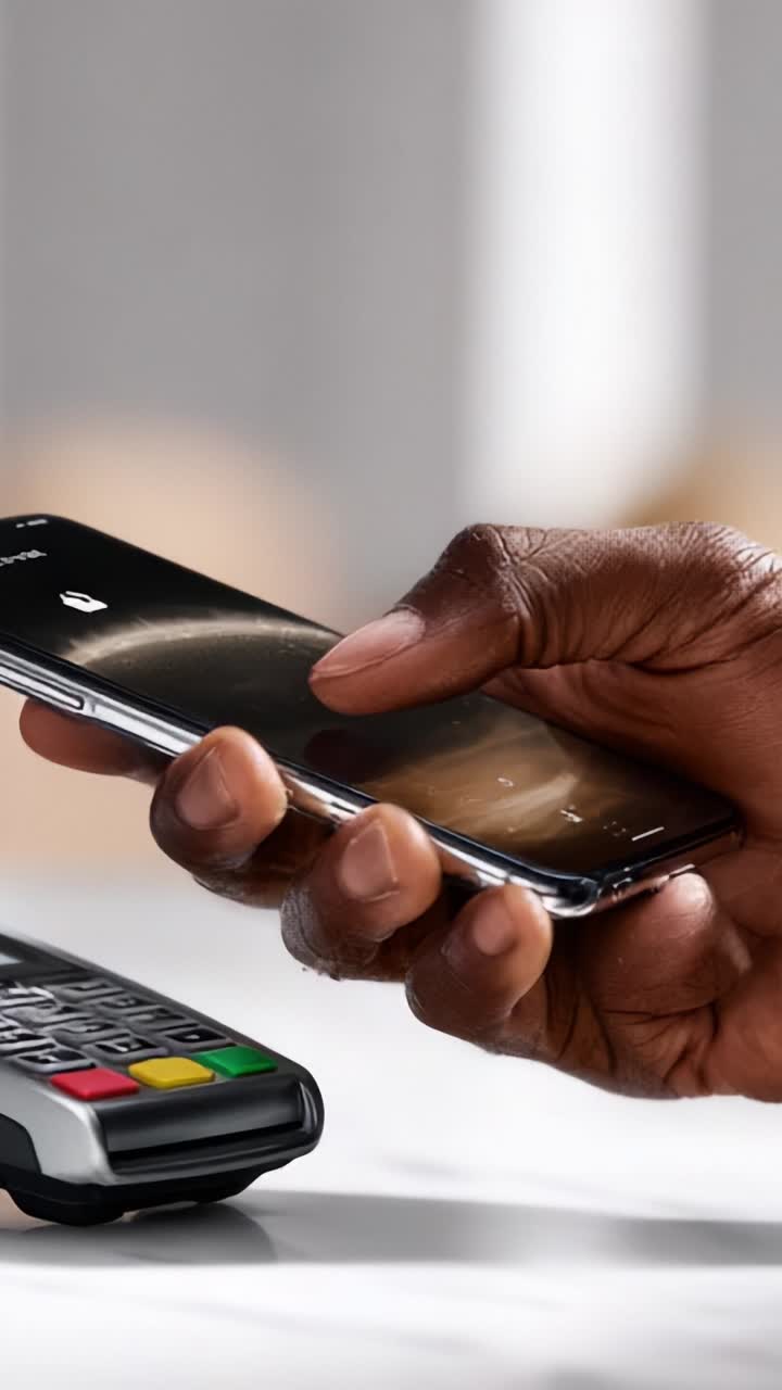 Seamless Digital Payment Process: User Navigating Mobile App for Transaction Confirmation at Point of Sale with Handheld Device and Contactless Technology