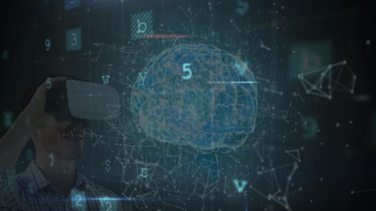 Animation of data processing over brain and caucasian man using vr headset