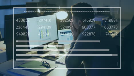 Animation-of-changing-numbers,-graph-and-loading-bar,-biracial-man-analyzing-reports-on-computer