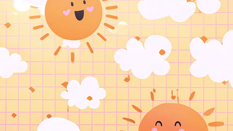 two cheerful animated suns with smiling faces and blushing cheeks surrounded by fluffy clouds