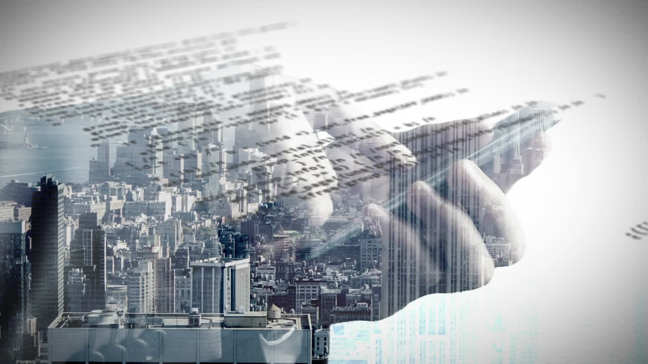 스마트 폰을 사용하는 사람을 상대로 도시 풍경에서 데이터 처리의 디지털 복합 비디오