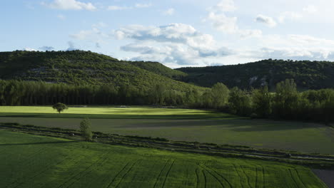 Beautiful-green-countryside-of-Penafiel,-Spain--Aerial