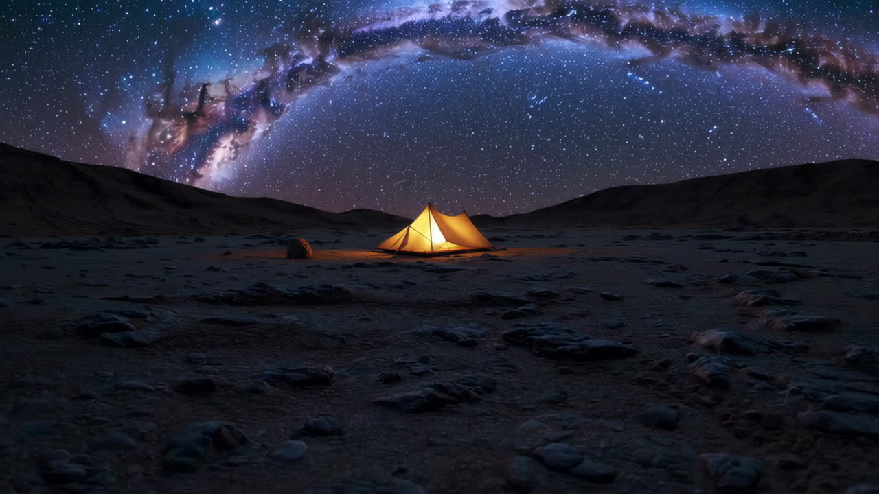 A solitary tent glows under a spectacular Milky Way arch in a vast, star-filled night landscape