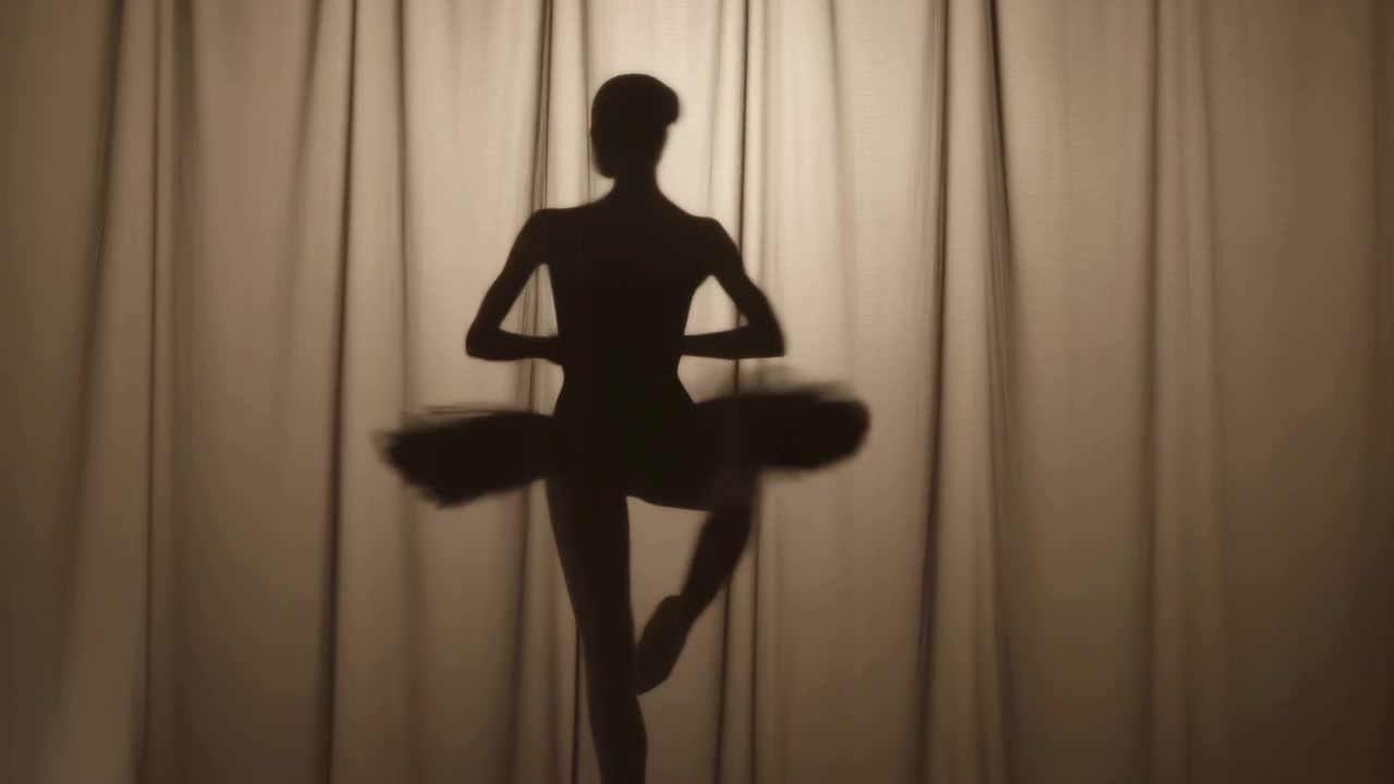 Silhouette Ballerina On Stage Poised In Arabesque, Tutu Backlit Against Heavy Curtain, Principal Dancer