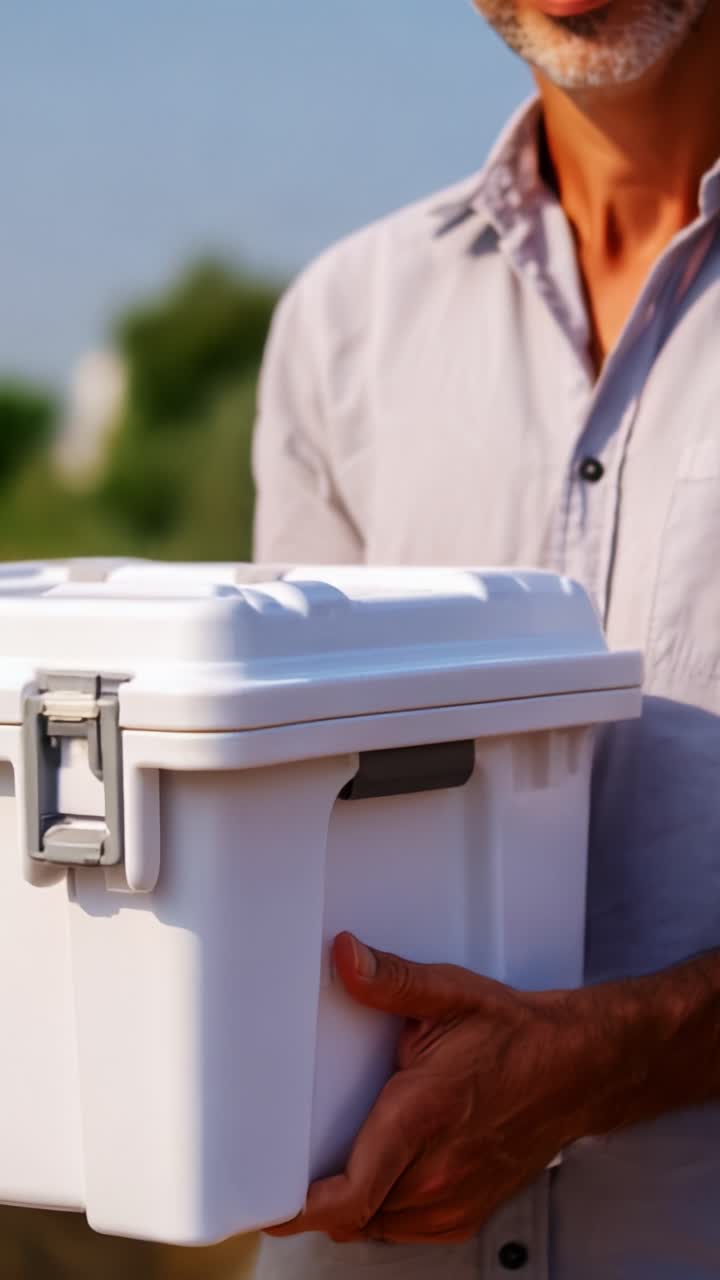 Man Holding a White Container Outdoors, Capturing a Moment of Anticipation and Curiosity in a Natural Setting with a Focus on the Container's Design and Functionality