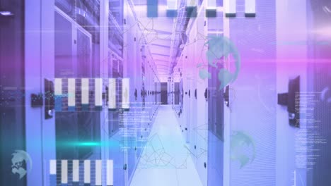 animación del procesamiento de datos sobre senderos de luz rosa y verde contra la sala de servidores de computadoras.