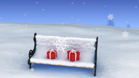 Animation-Von-Schnee,-Der-über-Zwei-Weihnachtsgeschenke-Auf-Einer-Schneebedeckten-Bank-In-Einer-Winterlandschaft-Fällt