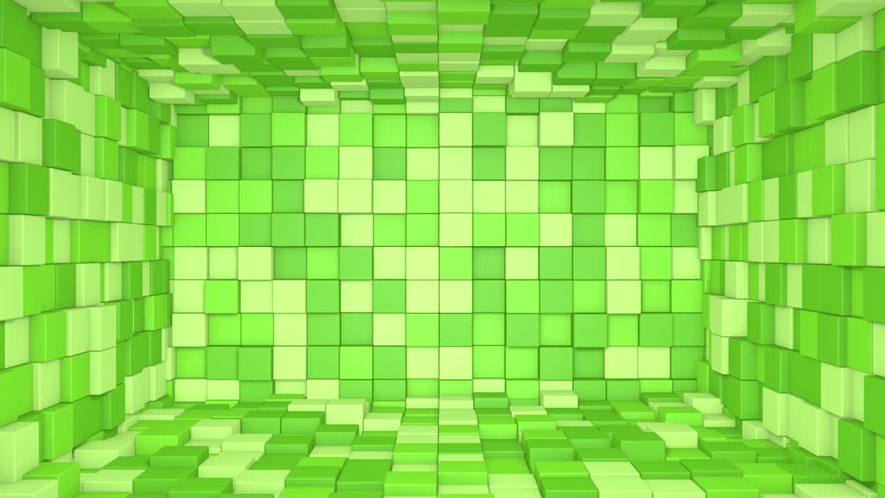 interior de la habitación abstracta con cubos verdes. cubo de caja fondo geométrico aleatorio. fondo de mosaico de píxeles cuadrados. bloques de tierra. maqueta para su proyecto. estilo minecraft. bucle de animación 3d de 4k