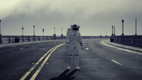 astronaut exploring deserted street under cloudy sky during daylight hours