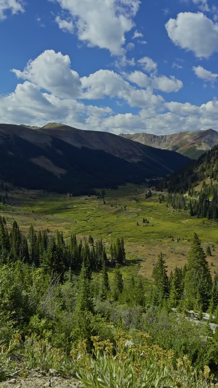Colline che si estendono e cielo azzurro nell'Independence Pass ad alta quota del Colorado, con panoramica di apertura a destra.