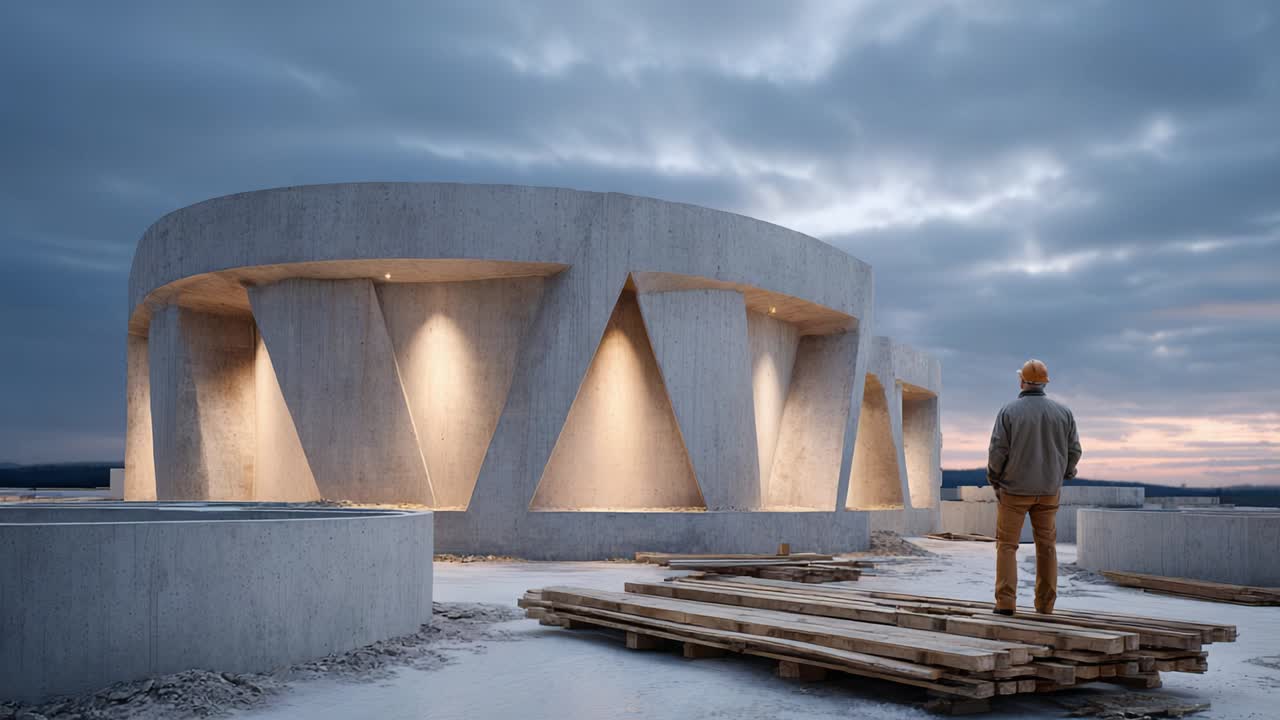 Contemplative Figure Observing Modern Architectural Structure Against Dramatic Sky at Dusk, Capturing a Moment of Reflection and Appreciation for Design and Form