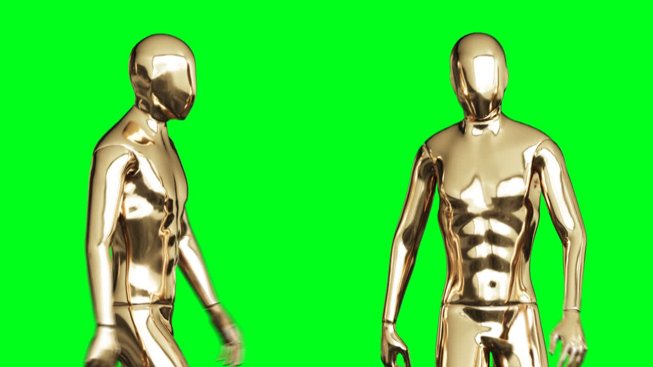 Golden man character animation. Isolate on green screen.