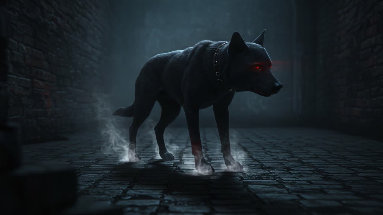 En mystisk sort hund med glødende røde øjne står truende i en mørk, stemningsfuld gyde, omgivet af tåge og skygger, skabende en spændende scene fuld af mystik