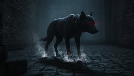 a mystical black dog with glowing red eyes stands menacingly in a dark, atmospheric alley, surrounded by fog and shadows, creating an intriguing scene full of mystery