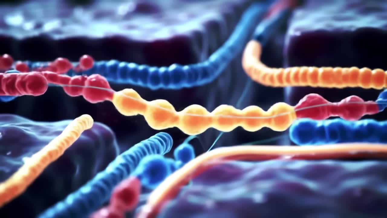 Exploring Microscopic Interactions: A Detailed View of Cellular Structures and Their Colorful Dynamics in a Vibrant Biological Environment