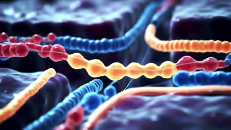 exploring microscopic interactions: a detailed view of cellular structures and their colorful dynamics in a vibrant biological environment