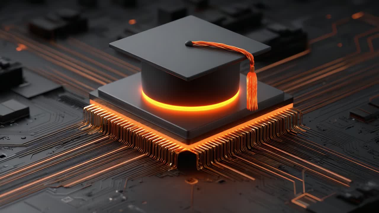 A Creative Fusion of Education and Technology: A Graduation Cap Resting on a Computer Chip Background Symbolizing Innovation and Learning