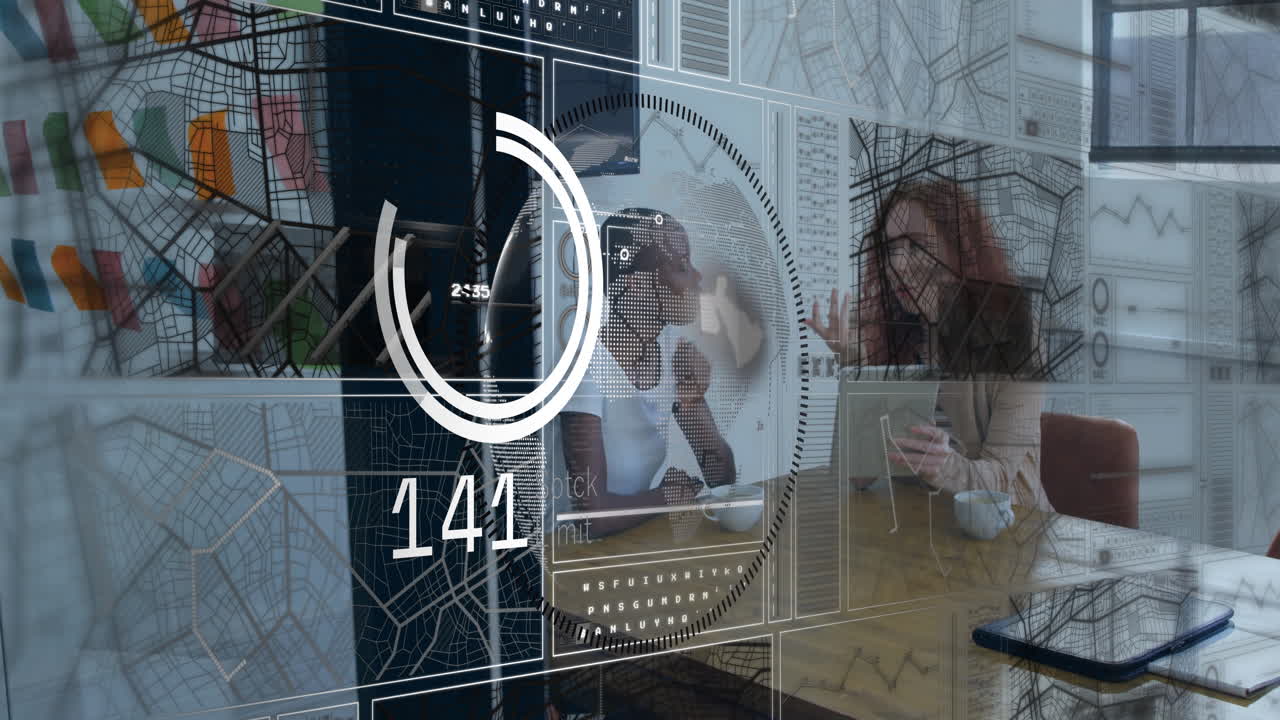 Two colleagues discussing in office, projecting business holograms with charts, graphs and maps