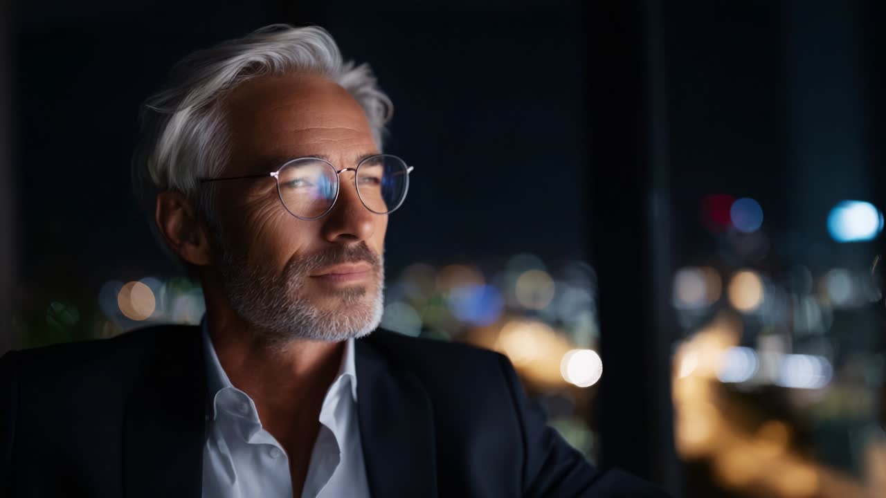 Contemplative Elegance: A Mature Gentleman with Silver Hair and Glasses Reflecting Deep Thoughts Against a Night City Skyline, Capturing Moments of Stillness and Insight in an Urban Environment