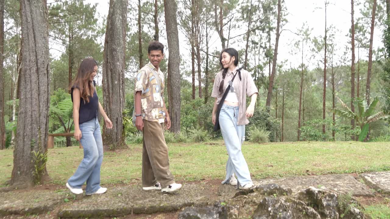 Young Asian Friends Walking on Forest Footpath in Nature