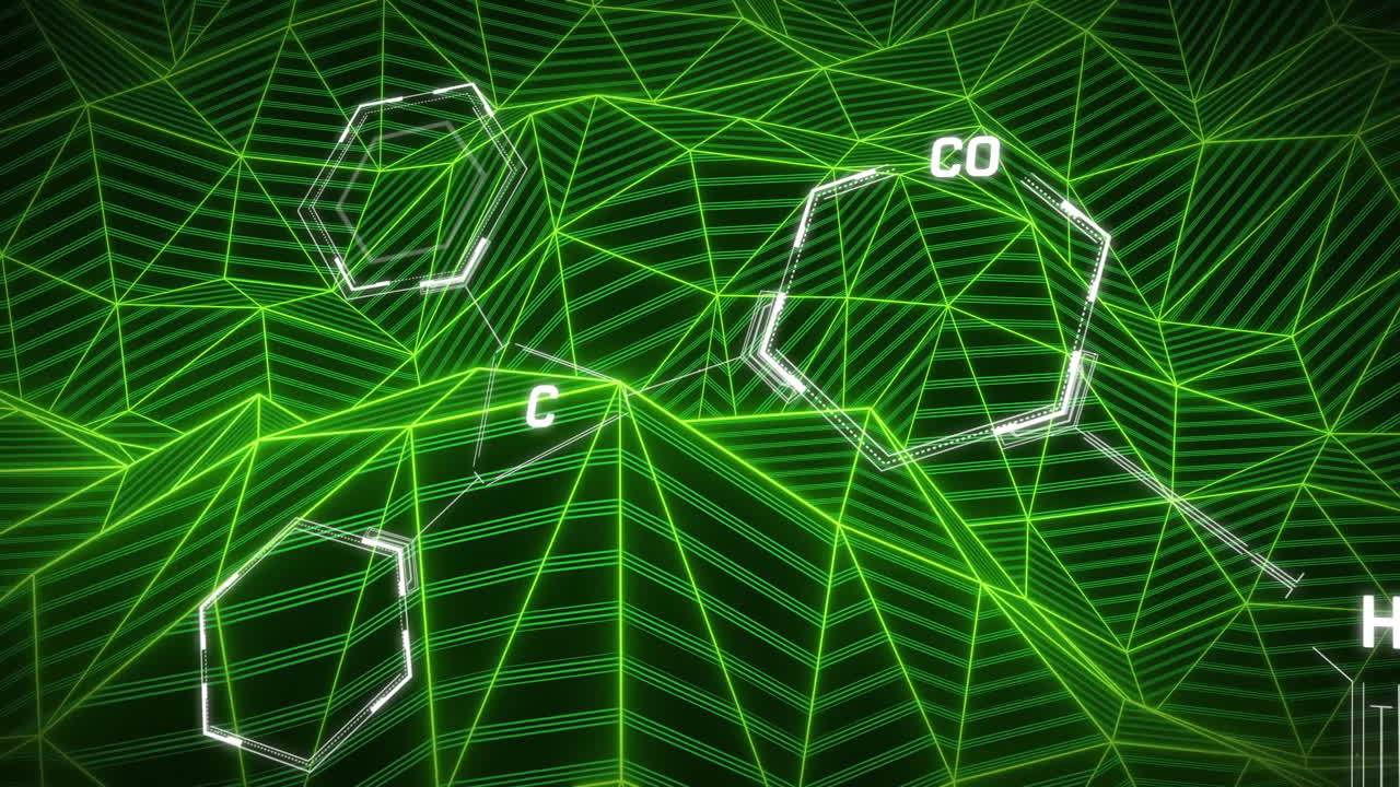 녹색 기하학적 그리드 배경에 대한 화학 구조 및 분자 결합 애니메이션