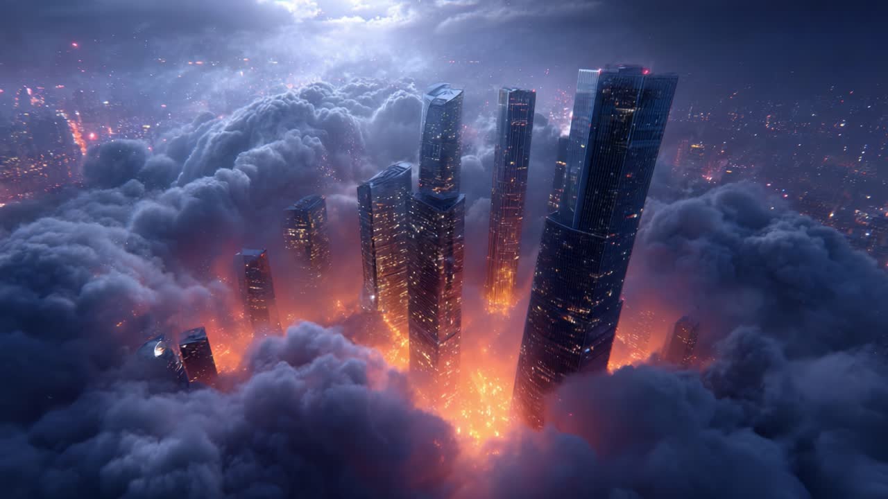 Aerial View of Urban Skyline Surrounded by Luminous Clouds and Fiery Glow, Capturing the Drama of a City in Dusk Twilight