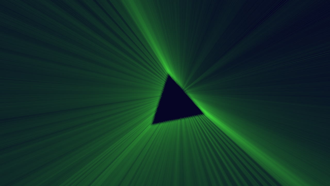 Dynamic abstract footage of green light streaks forming a tunnel toward a dark triangle center, futuristic digital background for technology, sci fi, and energy themes