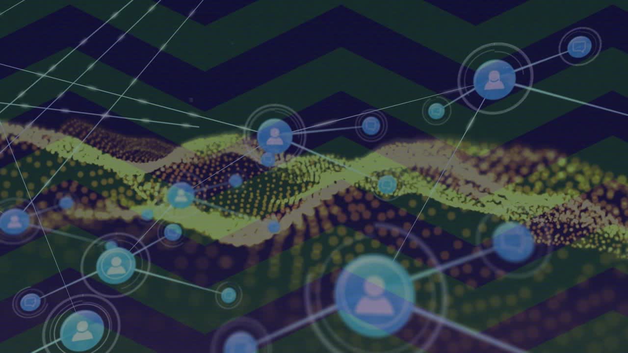 Animation of network of connections with people icons over pattern