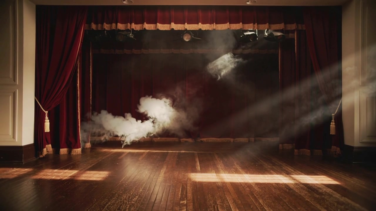 Rilascio di fumo scenico, con luci che proiettano fasci mentre la nebbia si diffonde sul palcoscenico durante le prove