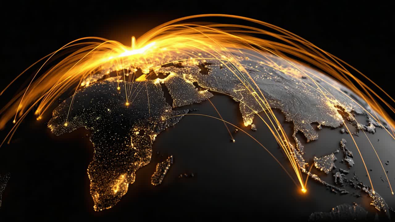Dynamic Global Connectivity: A Vivid Representation of International Data Flows and Interconnected Networks Illuminating Earth's Surface at Night
