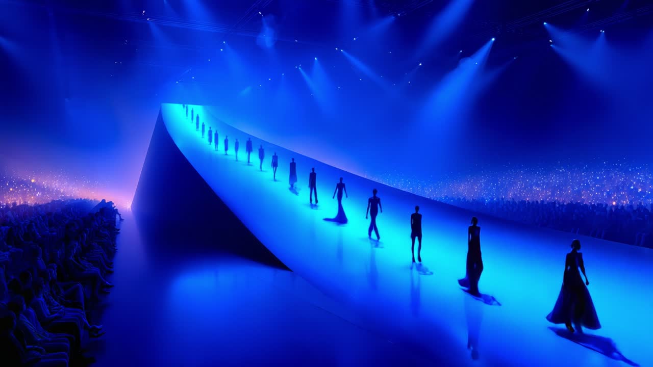 A Stunning Fashion Show on a Dramatic Runway: Models Gracefully Strut Across an Artistic Blue-Illuminated Stage with an Enigmatic Atmosphere Captured in Two Moments