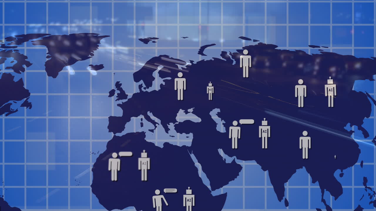 도로 교통 위의 세계 지도에 있는 사람들과 아이콘들의 애니메이션