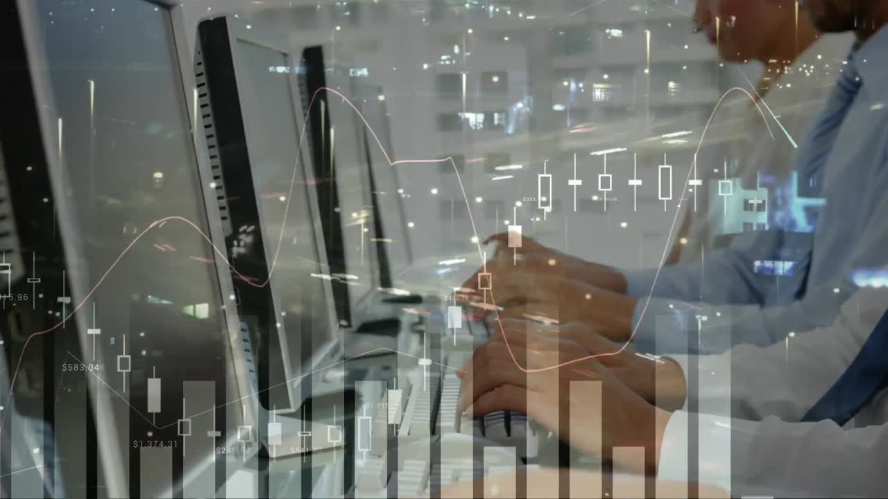 animación de estadísticas y procesamiento de datos sobre una mujer de negocios con auriculares de teléfono