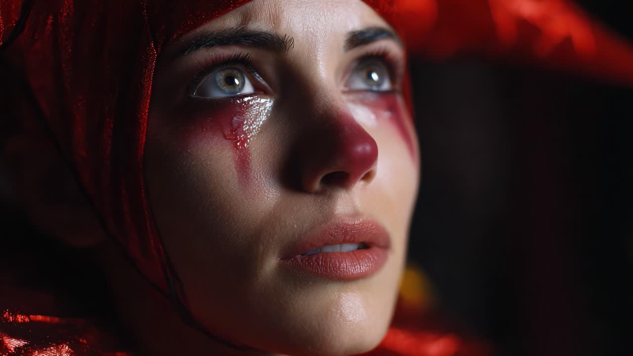 Une clownesse mélancolique regarde au loin, les larmes coulant sur ses joues, soulignant un mélange de beauté, de tristesse et d’émotions profondes de sa performance