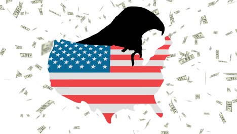 Animation-Einer-Karte-Der-Vereinigten-Staaten-Mit-Amerikanischer-Flagge-Und-Adler-über-US-Dollar-Banknoten