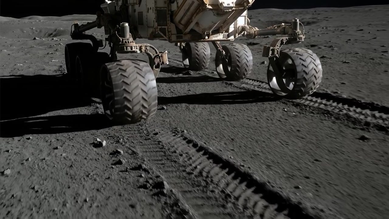 Close up of planetary rover wheels traveling across a dark rocky moon surface