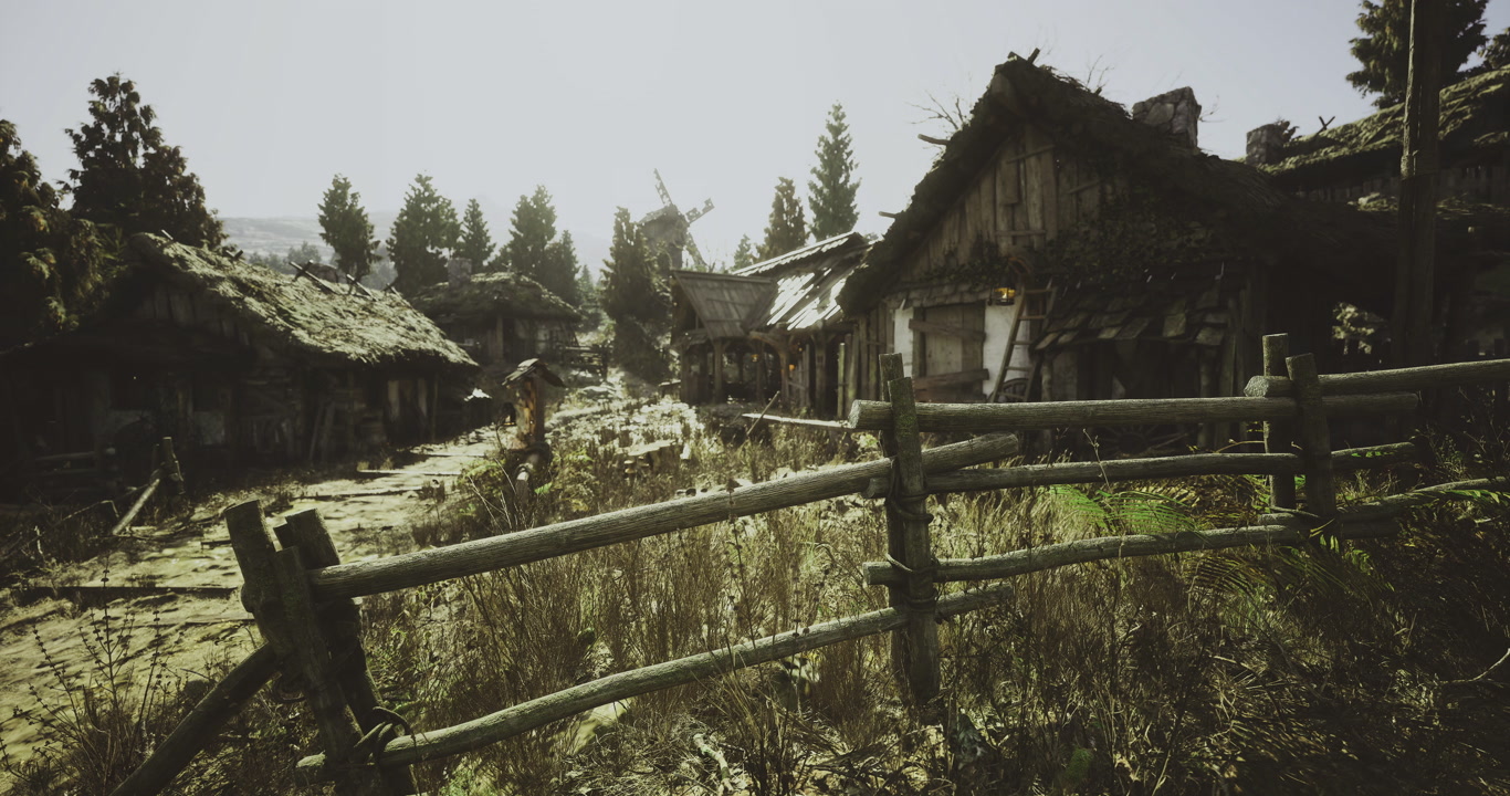 Rustic village landscape showcasing cottages and windmill during daylight hours