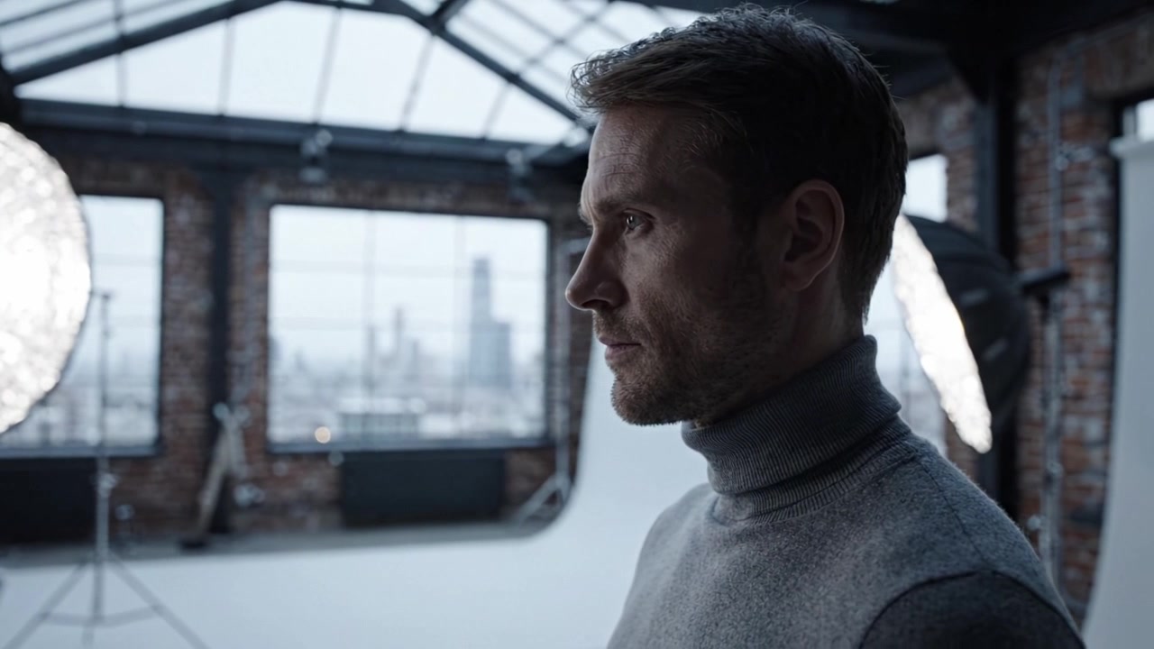 Un individuo contemplativo si trova in uno studio fotografico dal design estetico, valorizzato da un'illuminazione soffusa, offrendo un contrasto sorprendente tra l'uomo e lo sfondo urbano