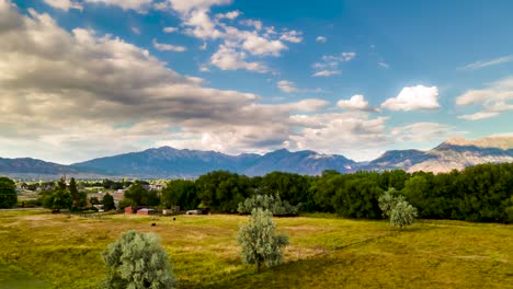 pastos verdes y árboles en una zona rural con nubes arriba y montañas en el fondo - hiperlapso aéreo