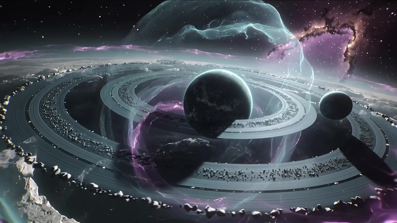 Rotating camera approaching ringed planet in outer space to inspect growing dome and purple streams