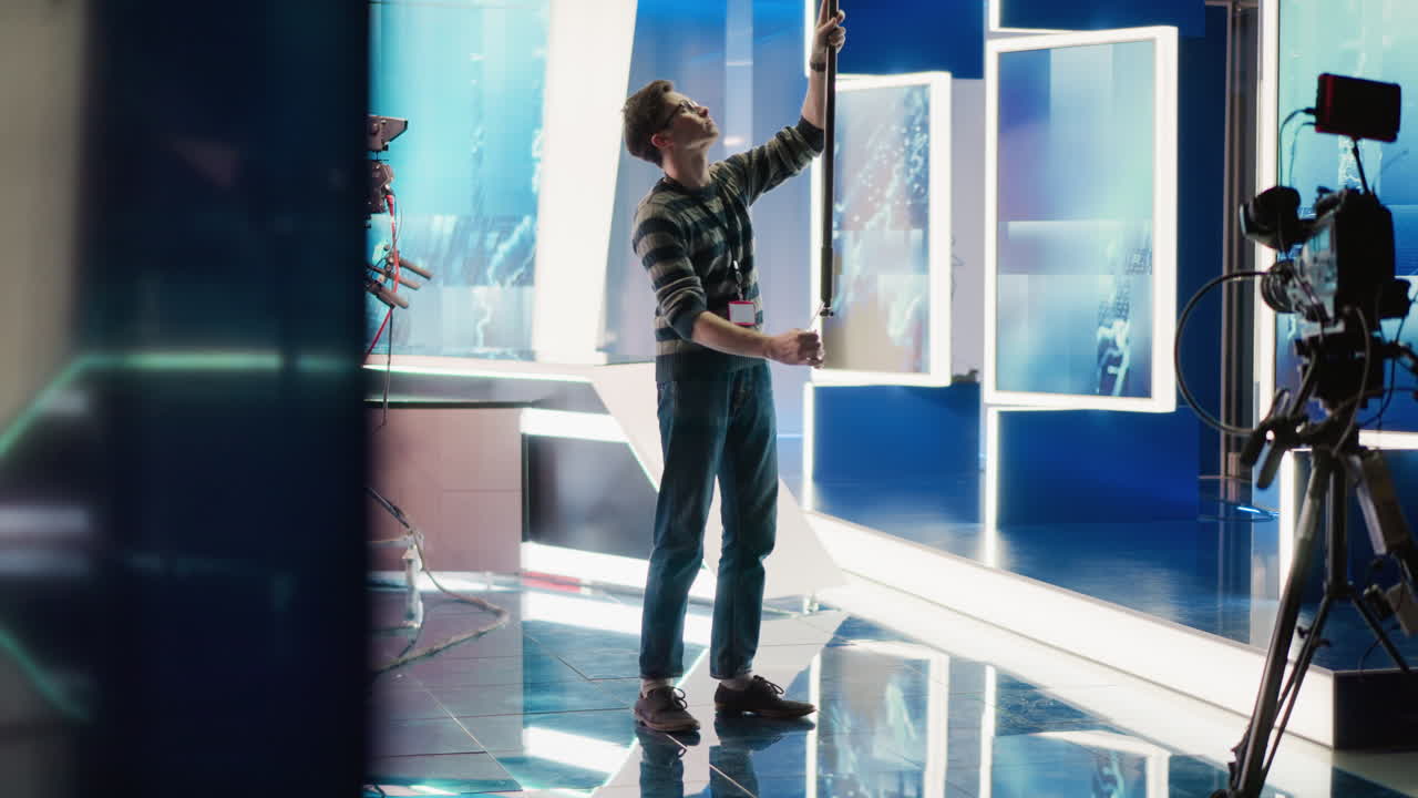Technician adjusting boom pole in broadcast studio, preparing for camera shot. Modern media production setup with professional equipment and lighting in background