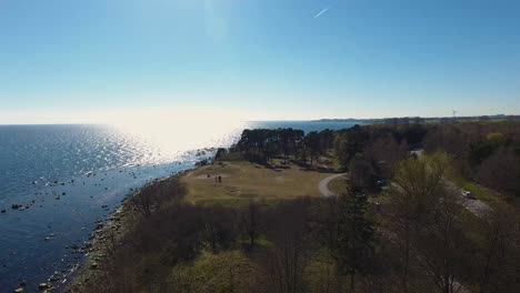 aerial shot of the forest near ystad saltsjöbad in south sweden with a car passing by and a few people gathering by the grass