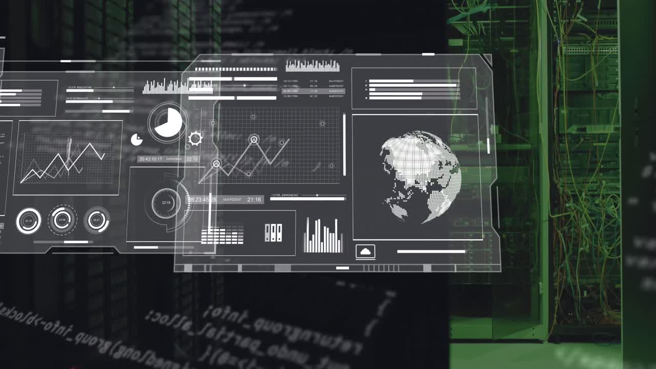 gráficos, gráficos, globos y procesamiento de datos en la sala de servidores de computadoras oscuras.